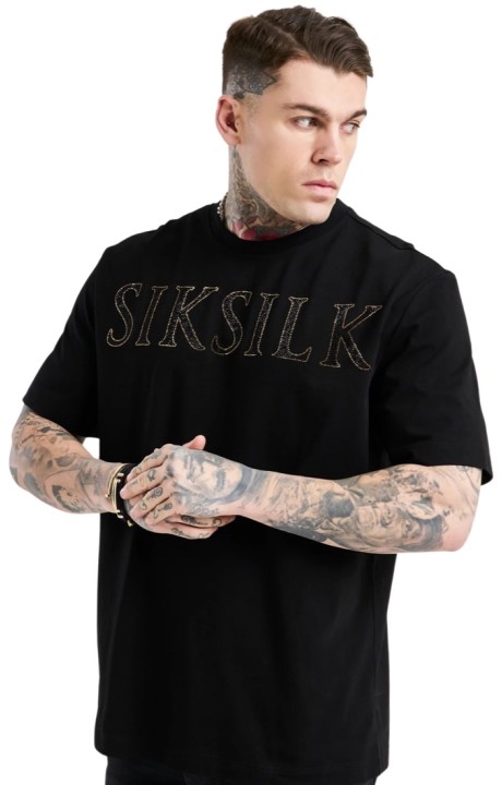 Camiseta SikSilk Oversized Rhinestone Logo Negro