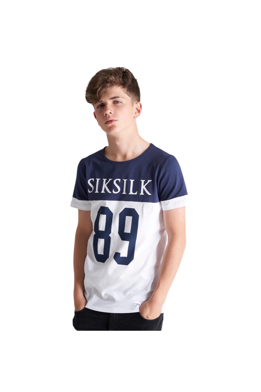 Genuino enchufe Poner la mesa Camiseta SikSilk Jr 89 Azul Marino y Blanco