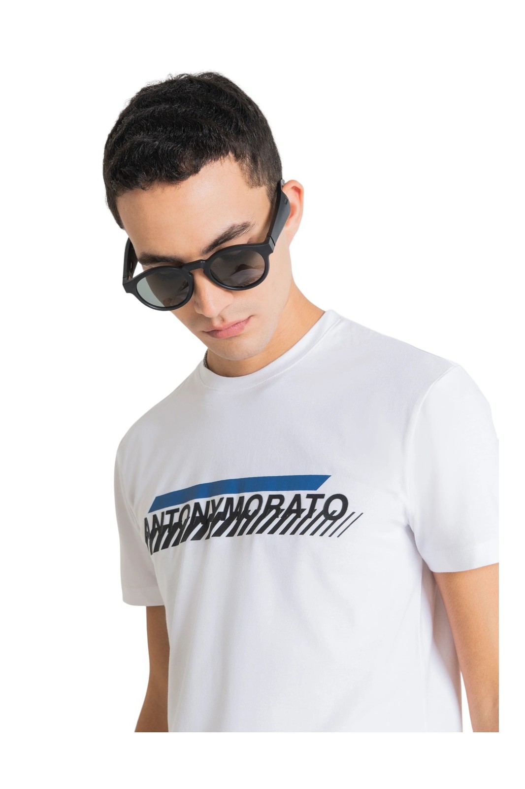 Llorar Abrazadera Foto Camiseta Antony Morato SuperSlim Algodon Logo Relieve Blanco