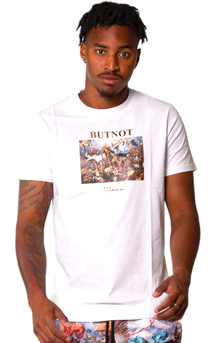 Biała koszulka ButNot z malowanym nadrukiem